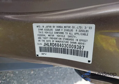 2003 Honda Cr-V Lx из США, поврежденный, VIN JHLRD68403C009387